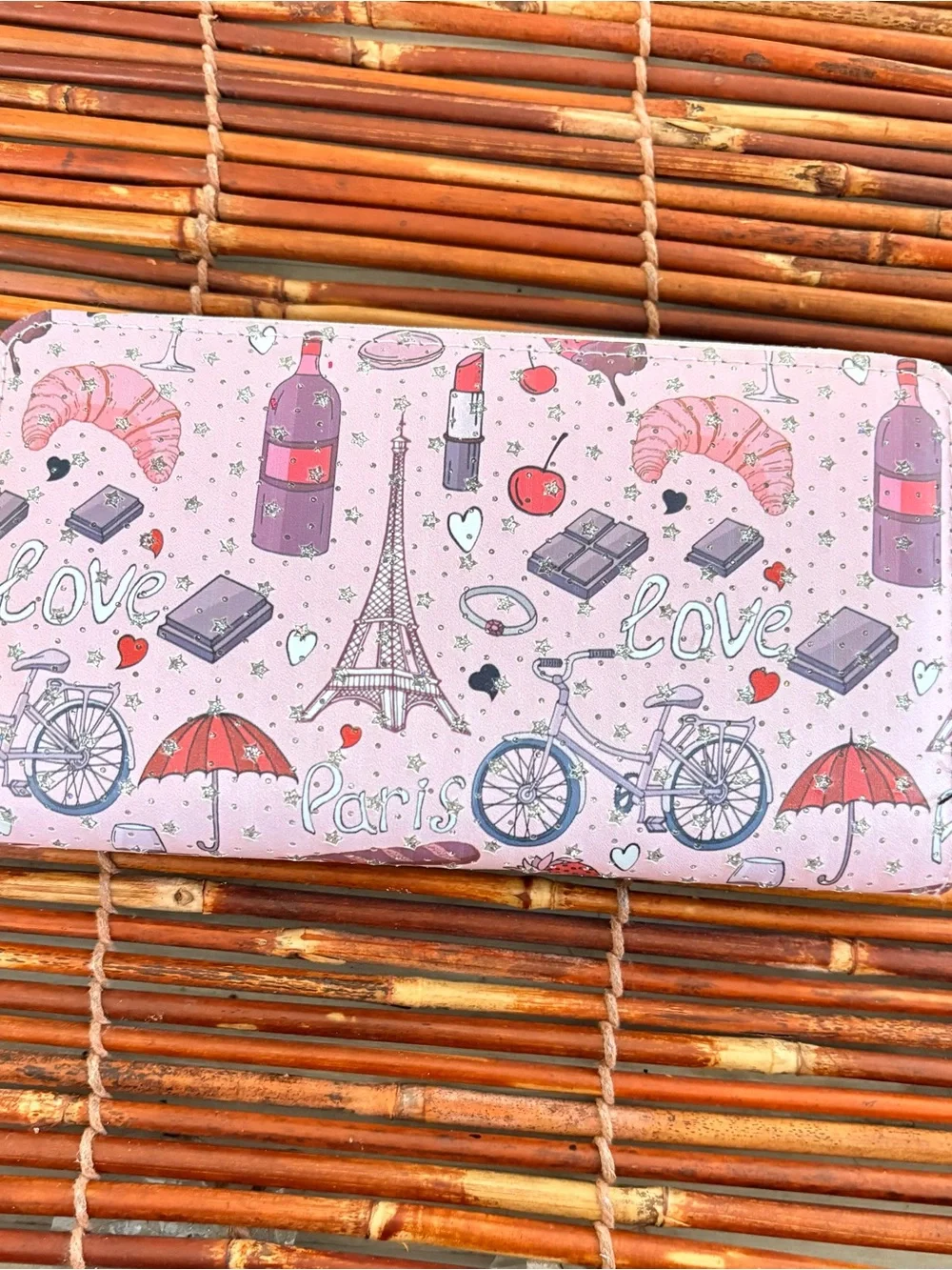 Girls' Paris-Themed Pink Wallet with Bicycle & Croissant Print NWOT